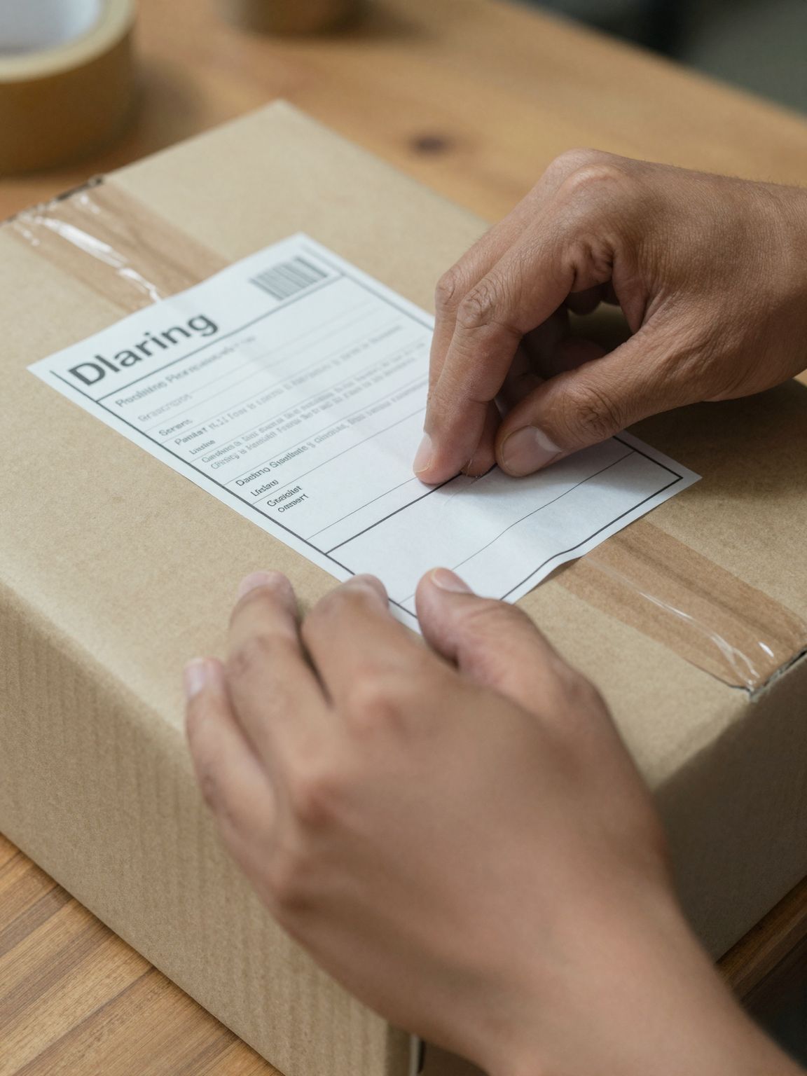 A pair of hands applying a printed shipping label to a cardboard parcel on a wooden workbench.