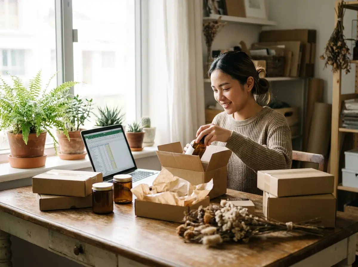 An independent brand owner packing an order at a workbench surrounded by their own products.