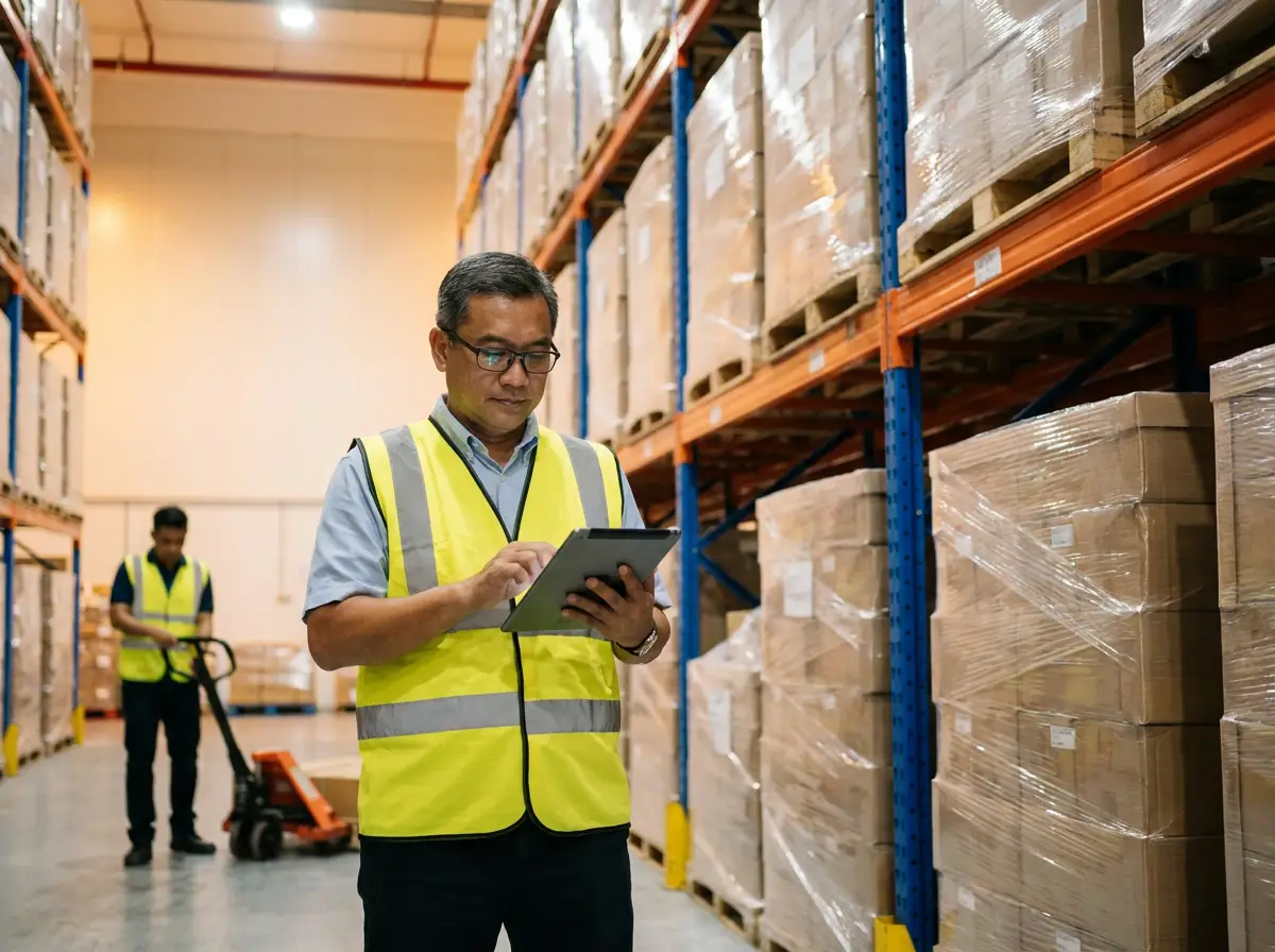 A warehouse worker checking stacked cartons in a wholesale storeroom.